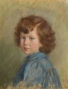 Circle of Thomas Cooper Gotch, A bust length portrait of a young girl in a blue smock, pastel,