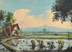 Norman Ellison (20th Century) two boats on a river with mountains beyond, watercolour, signed and