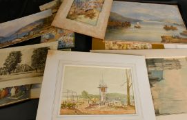 A portfolio containing watercolours by Nikolsky, Halford Ross and others, along with a few prints,