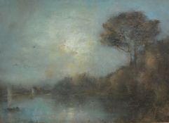 Montague Smythe (1863-1965) A landscape with trees near a river and the setting sun, mixed media,
