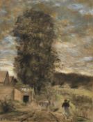 Emmanuel Charles Benezit, A woman carrying a child on a country path with barns and a donkey,