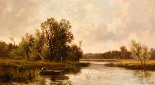 John Horace Hooper (1851-1906), an angler in a punt amongst reeds on a river, oil on canvas, signed,