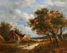 Joseph Thors (1835-1920), a wayfarer approaching cottages on a country track, oil on canvas, signed,