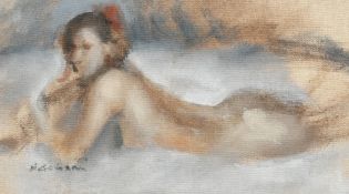20th Century School, A female nude lying on her tummy, oil on canvas board, indistinctly signed, 4.