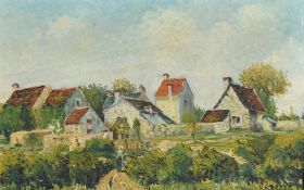 Late 19th Century, French School, figure on pathway amongst crops with farm buildings beyond, oil on