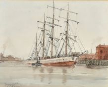 Leslie L. Hardy Moore (1907-1997) British, Tall boats moored in the harbour, Yarmouth, watercolours,