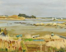 Claude Peitez, A quiet estuary scene with moored boats, oil on canvas, signed, 13