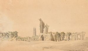 Early 19th Century, A sketch of Glastonbury Abbey, pencil and watercolour, inscribed twice, 8.5