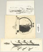 Edward Sylvester Hynes (1897-1982) Irish, Sailing boats off the coast, pen and ink, signed and