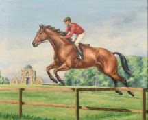 C. Bromley Gardner (Circa 1972), a figure on horseback jumping a fence, oil on canvas, signed, 16
