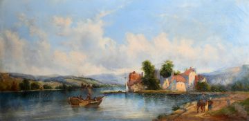 A M S Marx, Circa 1868, a pair of oil on canvas scenes of figures in a boat crossing a river, oil on