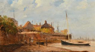 Circle of A.H. Vickers, A corner of a harbour at low tide with a moored sailing boat and figures