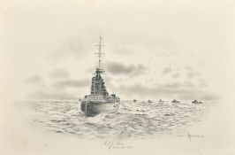Herbert Wynn Hellings (1873-1948) 'H.M.S. Nelson off Weymouth 1938', watercolour and pencil,