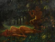 Late 19th Century, A faun in a forest seated near flowers playing a wooden flute to a sleeping