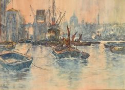 Harry Woods (1846-1921), Thames barges in the pool of London, watercolour, signed, 10
