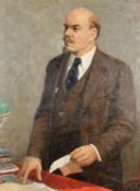 20th Century Soviet School, A three quarter portrait of Lenin standing, oil on canvas, 45