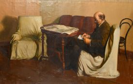 20th Century Soviet School, Portrait of Lenin seated holding a pen and paper, oil on canvas, 34