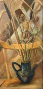 Modern British School, A still life of teasels and artichokes in a blue jug, oil on canvas board,