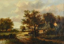 Circle of Nasmyth, 19th Century, figures in a country path by a cottage, oil on canvas, 10