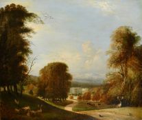 19th Century English School, a view of Longleat with figures and deer in the foreground, oil on