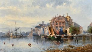 Karl Herink / Karl Kauffman (1843-1902), sailboats moored at a town quay, oil on canvas, signed,