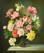 Michelle Bennett Oates (1928-2009) British, a still life of mixed flowers in a glass vase, oil on