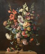 Early 19th Century French, A still life of mixed Summer flowers in an urn on a ledge, oil on canvas,