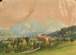 Thomas Ender (1793-1875), a view of a town in a Continental valley, watercolour, signed, 11