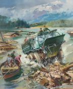 Frank Wootton (1914-1998), an Alvis Stalwart mounting a riverbank, oil on canvas, signed, 30