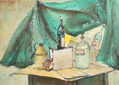 A mid-Century still life of mixed objects, watercolour, indistinctly signed, 10.25