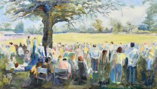 M. Riley (20th Century), A large gathering of figures watching a cricket match, oil on canvas board,