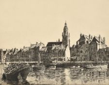 Ian Strang, Port View of a port in France, etching, signed and inscription verso in pencil, 10.75