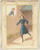 Percy Tarrant (1855-1934) British, A young schoolgirl wheeling hula hoops along the ground with