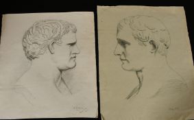 A collection of 19th Century art class sketches of classical head studies by D. Hadwen drawn at