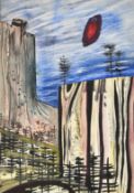 Modern British, A flying object above a stylized wooded escarpment, watercolour, indistinctly