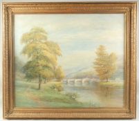 Alfred Thomas Fisher (b. 1861), figures by a meandering river with a stone bridge beyond,