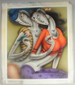 Ramesh Pachpande (b. 1954) Indian, 'Loving Couple with Green Bird', acrylic on canvas, signed and