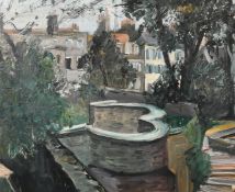 Modern British, A line of terraced houses been seen from behind trees, oil on board, 19.75