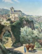 20th Century French School, a female with oxen on a hillside path with a town beyond, oil on canvas,