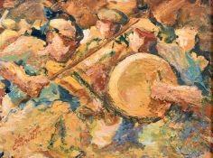 20th Century French School, villagers playing in a band, oil on board, indistinctly signed, 9.5