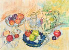 Mid-Century Colourist School, a still life of fruit and other objects, oil on canvas, 18