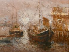 Edward Barton (20th Century), barges moored at a quay, oil on canvas, signed, 18