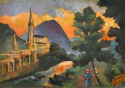 J. Larrochs, Circa 1905, female figure by a river with a cathedral beyond, oil on board, signed, 6.