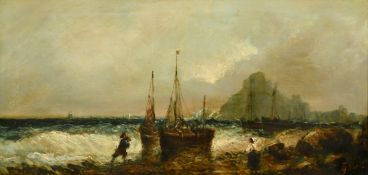 E. J. Watt (19th Century), figures and sailboats on a shore with St. Michaels Mount in the distance,
