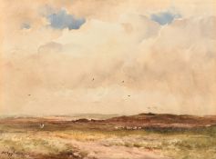 Wycliffe Egginton, 'A cloudy day', a moorland scene with cattle and a figure on horseback, signed