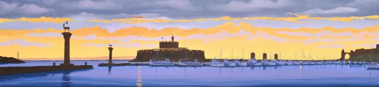 Greek School (20th/ 21st Century), The harbour, Rhodes at sunset, oil on canvas, signed, 7.75