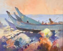 Contemporary British, Fishing boats pulled up on a sunny beach, acrylic on board, indistinctly