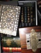 Faux book boxes & slipcases to include a wooden and white metal book shaped box. (1 box).