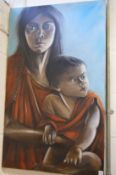 Portrait of a mother and child, oil on canvas, unframed.