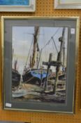 John Canning, Pin Mill Boatyard, watercolour.